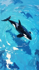 Illustration of Killer whale swimming in blue water
