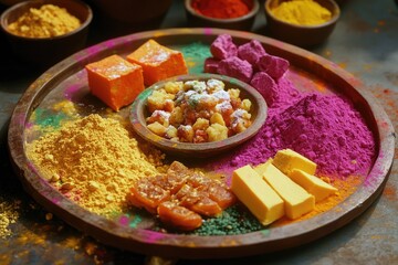 A variety of powdered spices and sweets in traditional clay bowls, set on a dark surface.