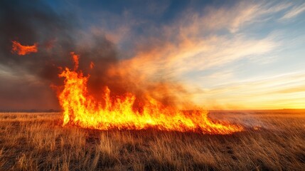 The fierce flames of a fire roar across an open grassland, showcasing both the beauty and devastation of nature in a breathtaking yet terrifying display.