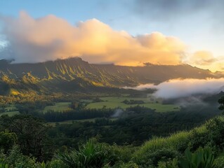 Fototapeta premium majestic mountain landscape at dawn with layered peaks, golden sunlight piercing through dramatic clouds, creating ethereal atmosphere over verdant valleys