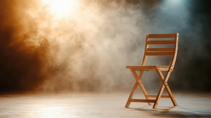 A wooden chair is illuminated on a stage where fog gently swirls, creating a dramatic atmosphere perfect for performance or artistic expression.