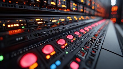 Close-up view of illuminated control panels in a high-tech server room with vibrant lights
