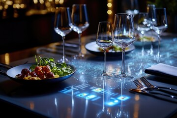 A table set with wine glasses and a plate of food, ideal for an intimate dinner party or special occasion