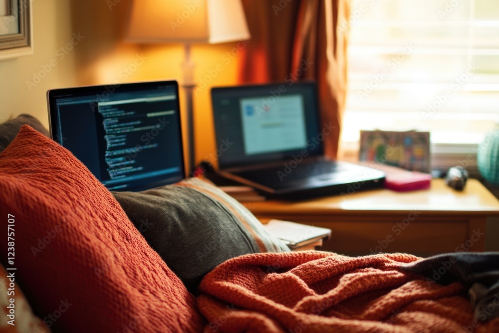 Poster a laptop computer is placed on top of a bed, possibly for use or study