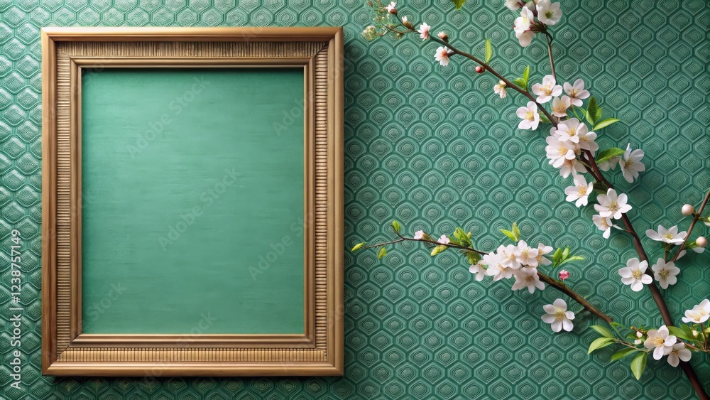 Aufkleber elegant gold frame on a textured green background adorned with blooming branches