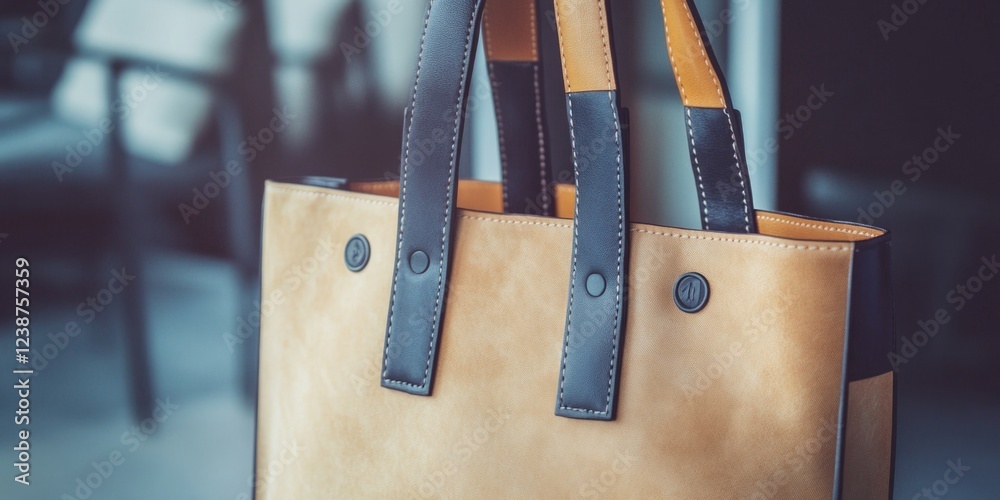 Poster a brown and black bag sitting on a table, perfect for use in editorial or commercial contexts where 
