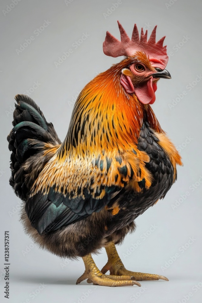 Poster a close-up photo of a rooster with vibrant red comb standing on a white surface, ideal for use in an