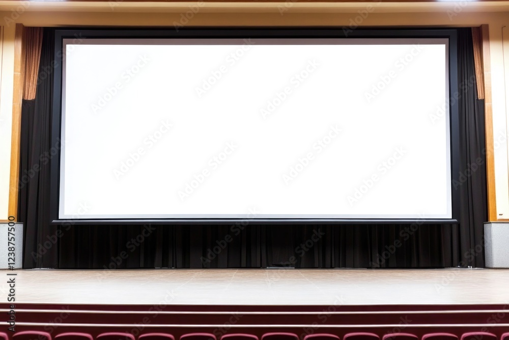Poster an empty stage with a projector screen and red chairs, ideal for presentations or performances