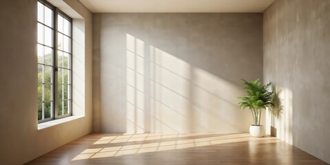 Fototapeta premium Sunlit Empty Room with Hardwood Floor and Plant