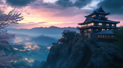Fototapeta premium Ancient Japanese fortress on a rocky peak at twilight