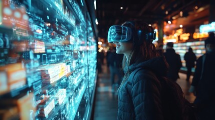 Woman using augmented reality goggles to explore digital display in futuristic store