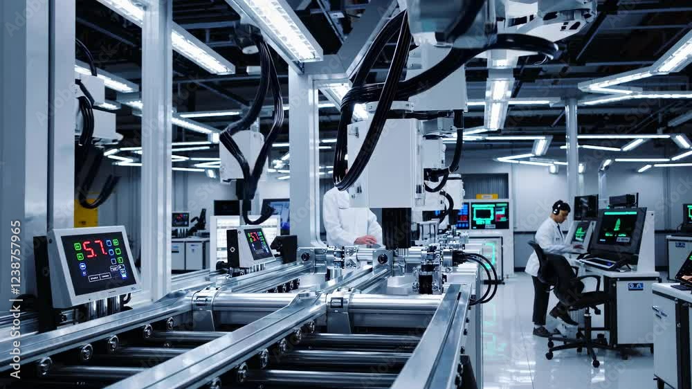 Poster Advanced robotic assembly line at a technology manufacturing facility in action during a daytime operation
