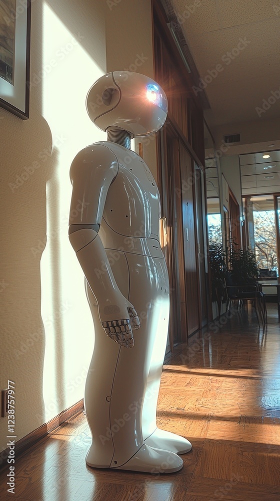 Poster a sleek, humanoid robot stands still in a brightly lit corridor, illuminated by the warm sunlight st
