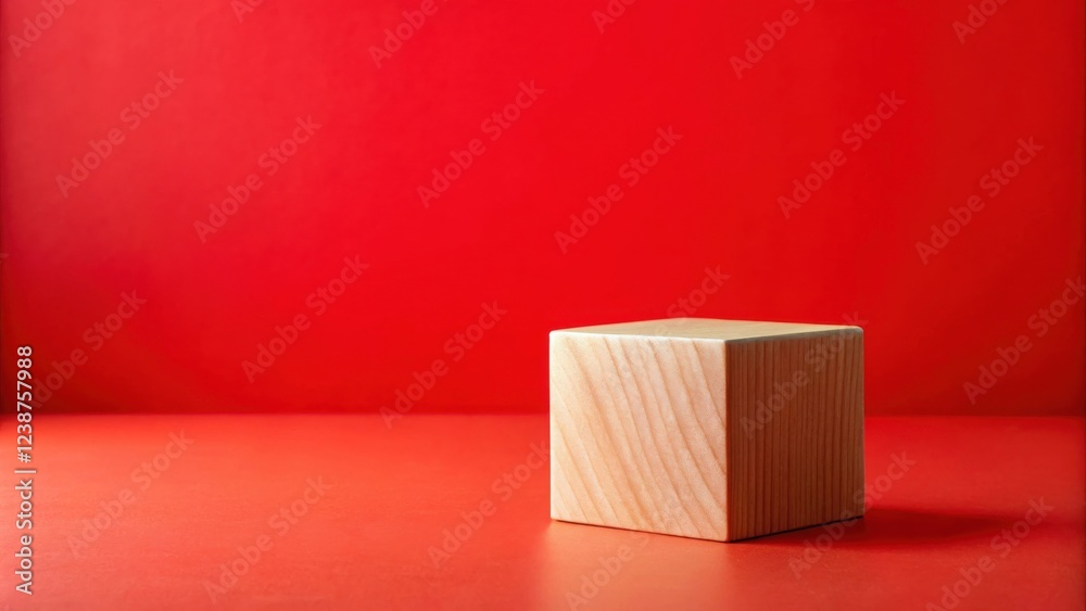 Aufkleber simple wooden cube on red background, perfect for product display or minimalist design