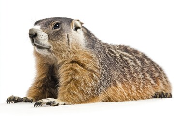 Fototapeta premium A groundhog is resting on a white surface, looking relaxed
