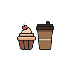 Drink and cupcake set food icon represents a sweet and delightful treat combo, perfect for café menus, bakery designs, and dessert-themed illustrations.