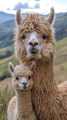 Obraz premium A fluffy adult alpaca stands proudly with its curious cria in a vibrant green landscape. They share a moment of tenderness against a backdrop of rolling hills and soft clouds, showcasing their bond