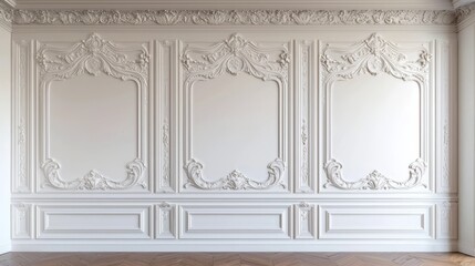 Spacious empty room showcasing detailed mouldings and wooden flooring.