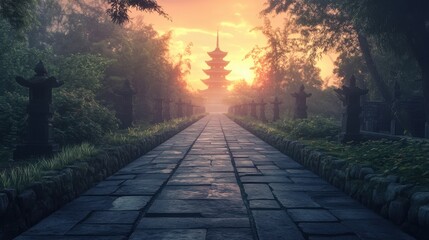 Obraz premium Ancient Stone Path Leading to a Pagoda at Dawn