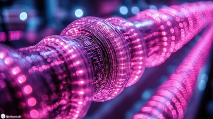 Close-up view of illuminated pink digital circuitry with glowing elements in a futuristic setting