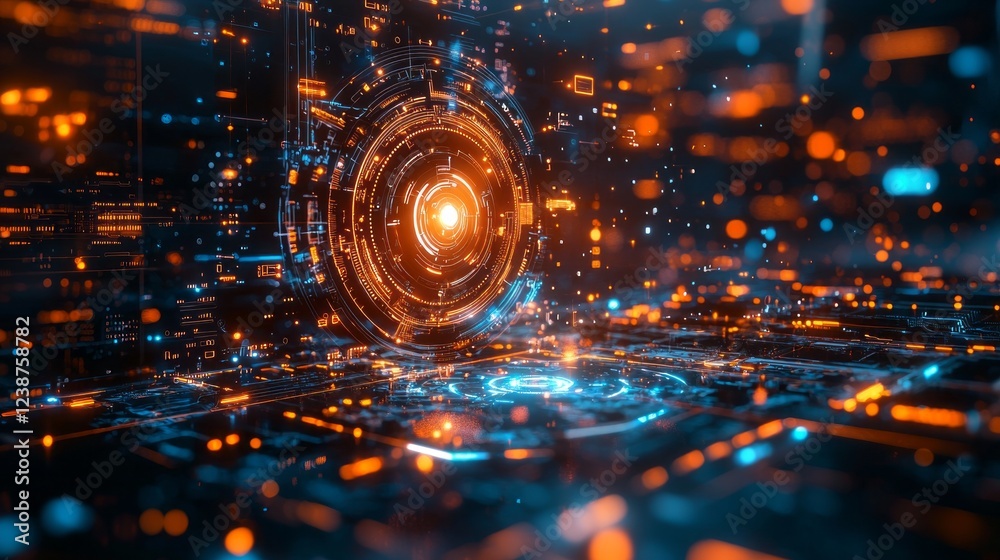 Poster A mesmerizing array of glowing patterns and luminous orbs fills the dark space, creating a sense of motion and depth. This dynamic visualization evokes a digital universe teeming with energy