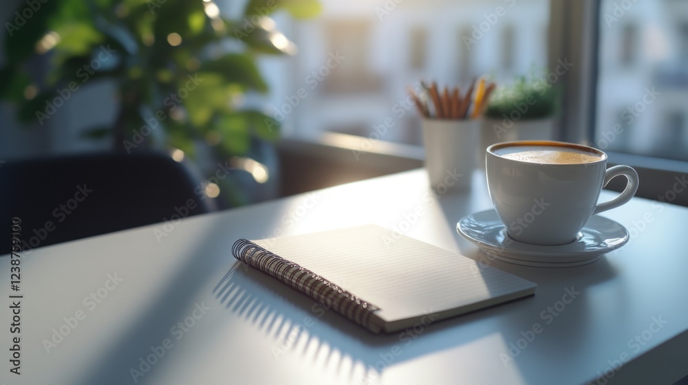 Poster a cup of coffee and a notebook sit on a table, perfect for writing or studying