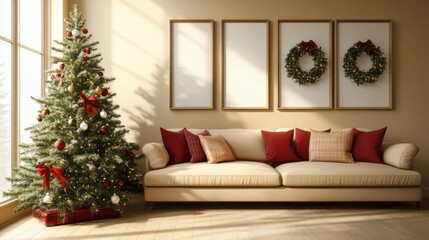 Cozy living room with decorated christmas tree and festive wreaths
