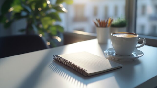A cup of coffee and a notebook sit on a table, perfect for writing or studying