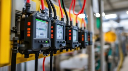 Electronic devices with digital displays mounted on a production line monitor processes and display real time data, showcasing innovative technology in modern manufacturing