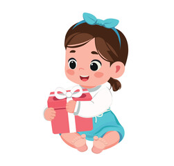 cute happy baby girl is sitting with gift