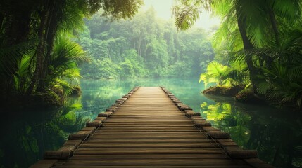 Obraz premium Ancient wooden bridge connecting two temple gardens