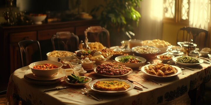 Naklejki A table full of traditional holiday food, ready for a family meal.