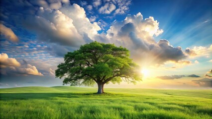 Fototapeta premium Serene Sunset Landscape A Majestic Tree Stands Alone in a Verdant Meadow Under a Dramatic Sky