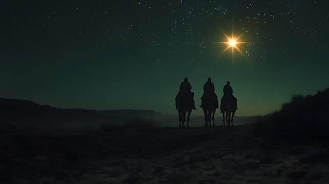 The three wise men riding camels in the desert, night sky with a bright star, a Christmas scene, silhouette figures, the star of Bethlehem in the background