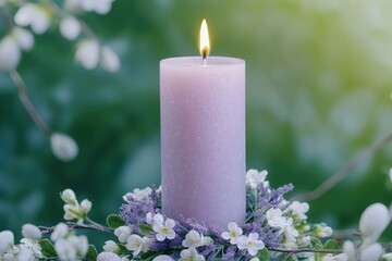 A lit candle surrounded by fresh white flowers and lush greenery