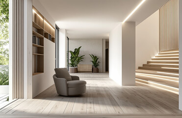 Modern home hallway, armchair, stairs, sunlight, plants, design