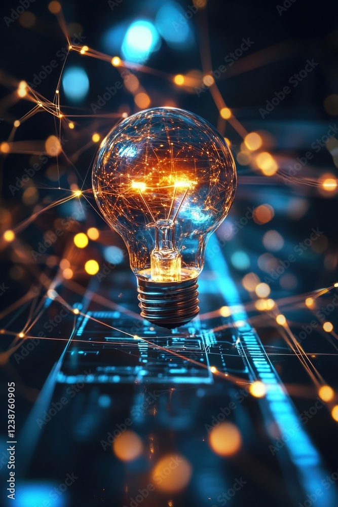 Poster a glowing light bulb sits atop a keyboard, ready for use