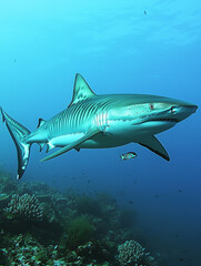 Fototapeta premium Tiger shark swimming over vibrant coral reef.