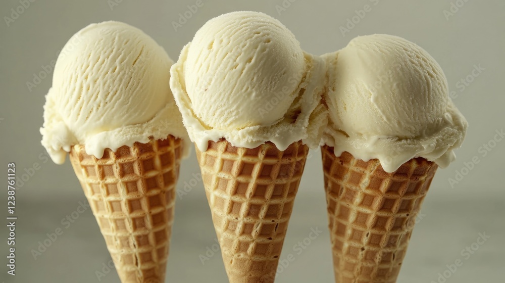 Poster a colorful treat with three scoops of ice cream in a crispy waffle cone