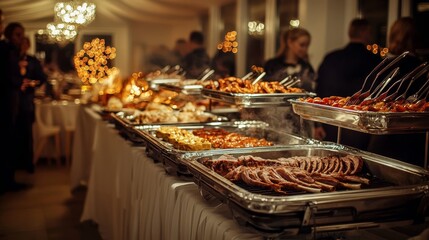 Group of people enjoying a buffet in a restaurant.