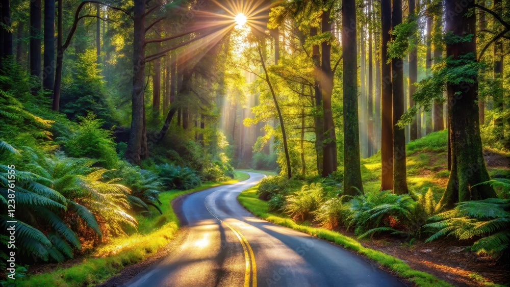 Poster sunlit path winding through a lush forest canopy