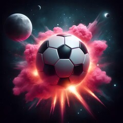 Fototapeta premium A photo realistic soccer ball as a planet in space with pink smoke and explosions, with two moons in the background, digital art