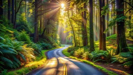 Obraz premium Sunlit Path Winding Through a Lush Forest Canopy