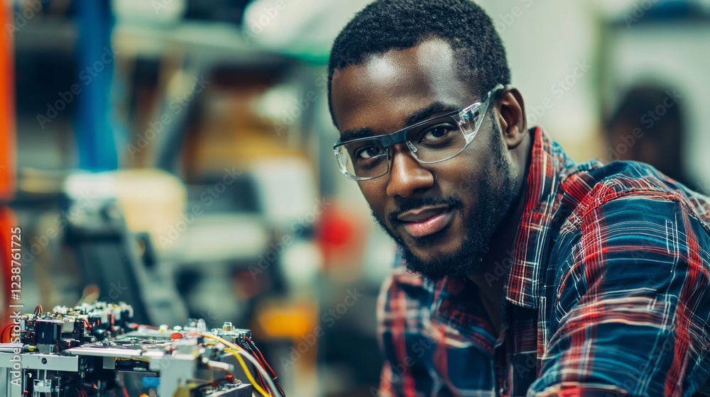 Poster in a vibrant workshop illuminated by warm light, a young engineer works intently on assembling intri