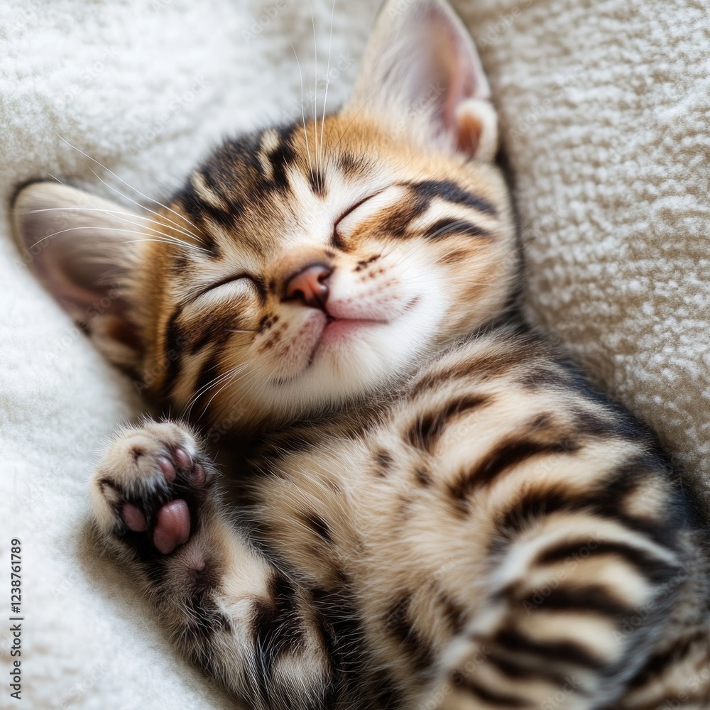 Poster a small kitten curled up and sleeping on a soft blanket, perfect for various uses such as advertisem