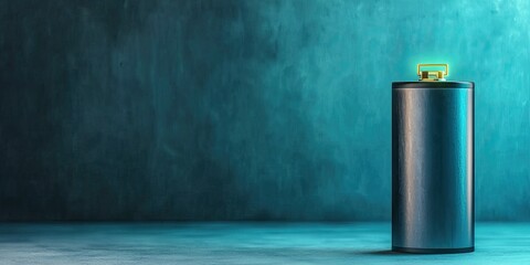 A sleek, modern cylindrical object with a glowing top sits on a textured teal background, creating a minimalist and futuristic aesthetic.