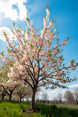Naklejka premium A blossoming apricot tree on a spring day is covered with delicate pink and white flowers that contrast with the bright blue sky.