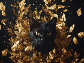 The image depicts a black cat amidst a background of golden autumn leaves, creating an elegant and warm seasonal scene.