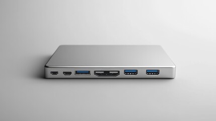 Sleek silver laptop docking station with multiple ports and usb connections on white background