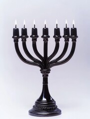 Fototapeta premium Black metal candle holder with seven branched candlesticks, used in Jewish religious ceremonies such as Hanukkah.